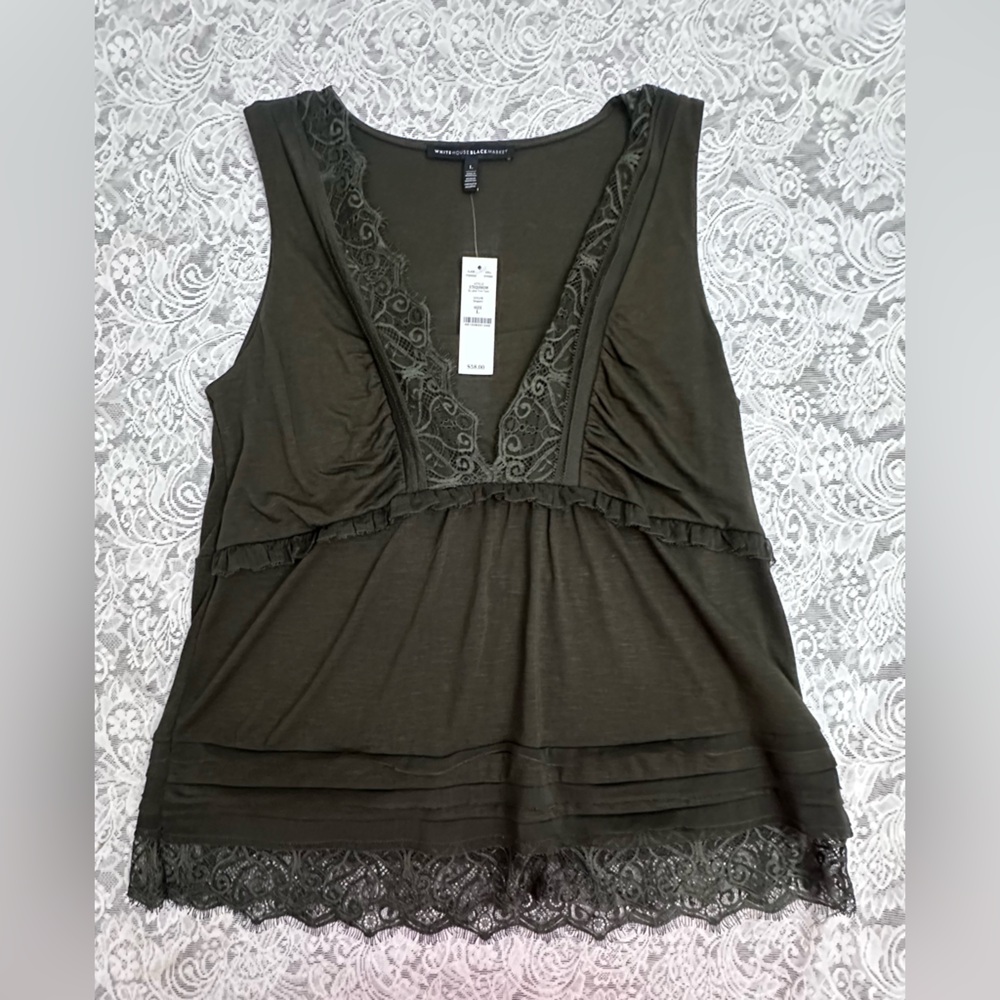 White House Black Market Olive Green Lace Trim Sleeveless Top L NWT